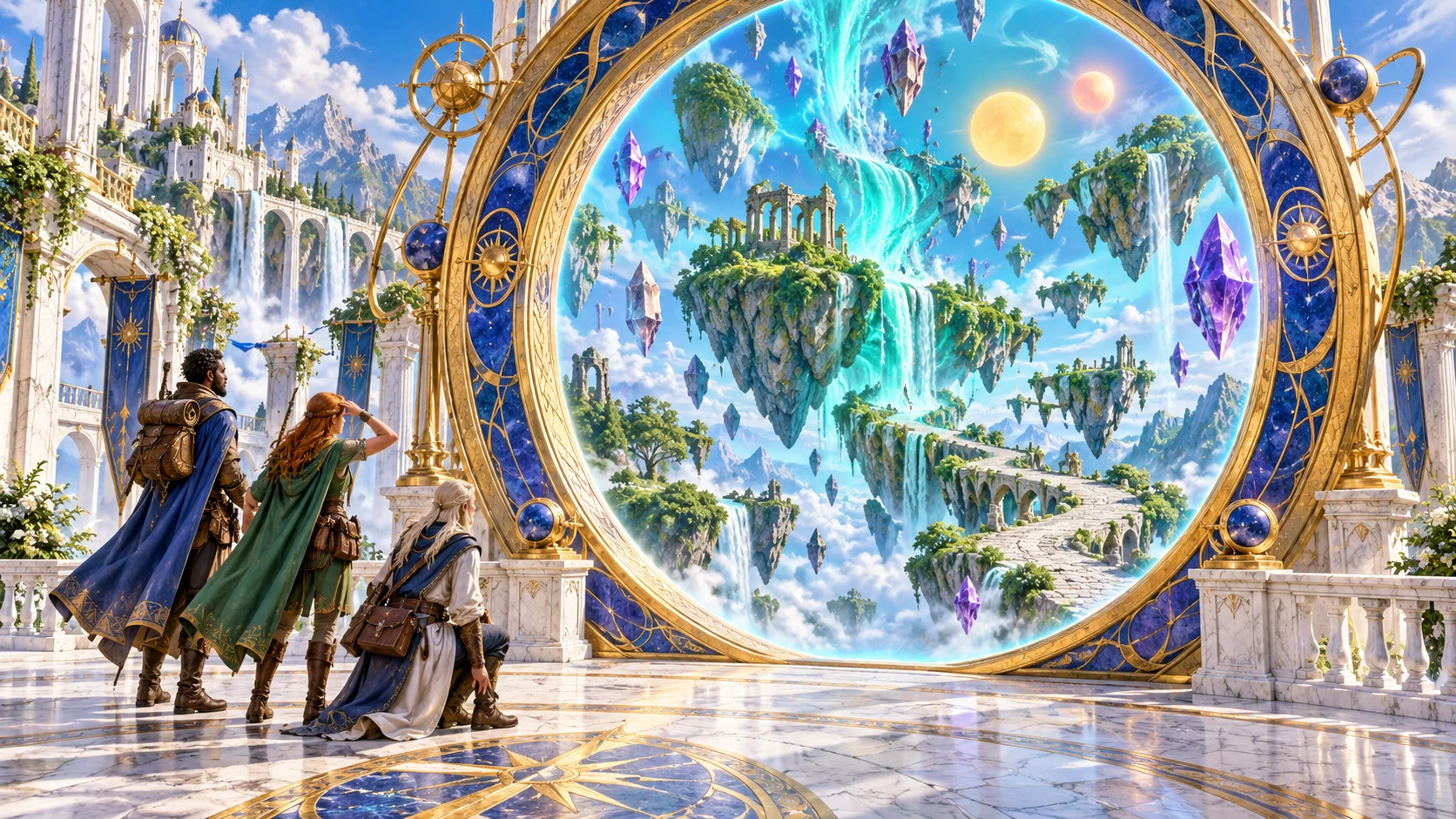 Fantasy illustration of adventurers examining a golden portal to floating islands, waterfalls and violet crystals