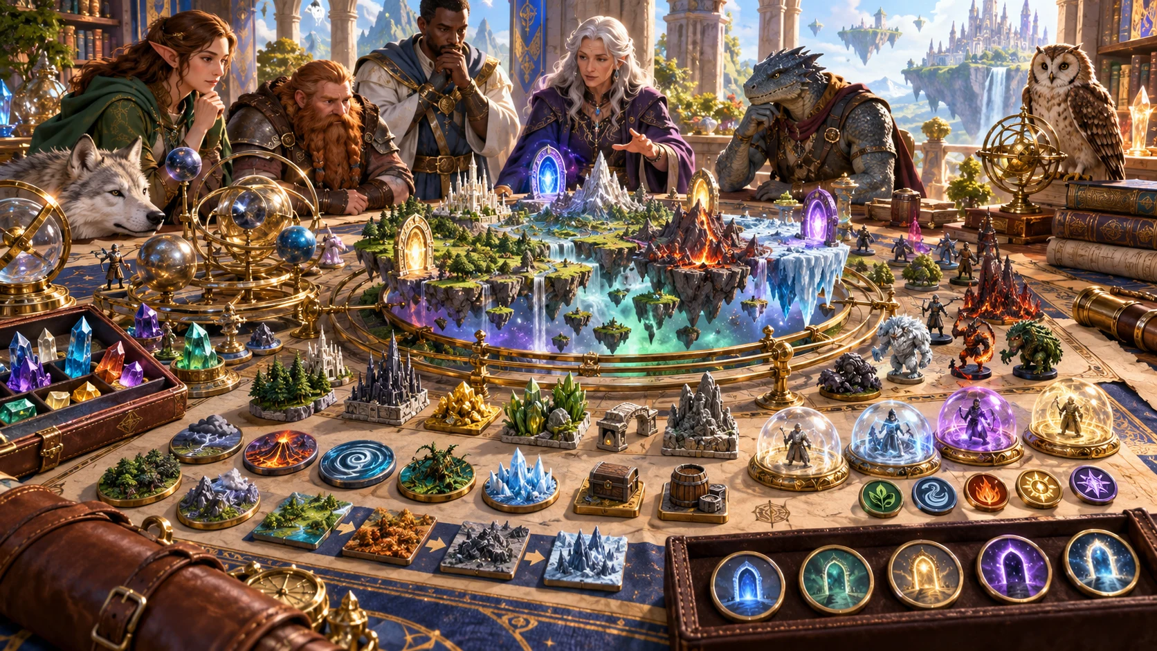 Fantasy illustration of a tabletop party reviewing portals, floating islands and magical terrain models