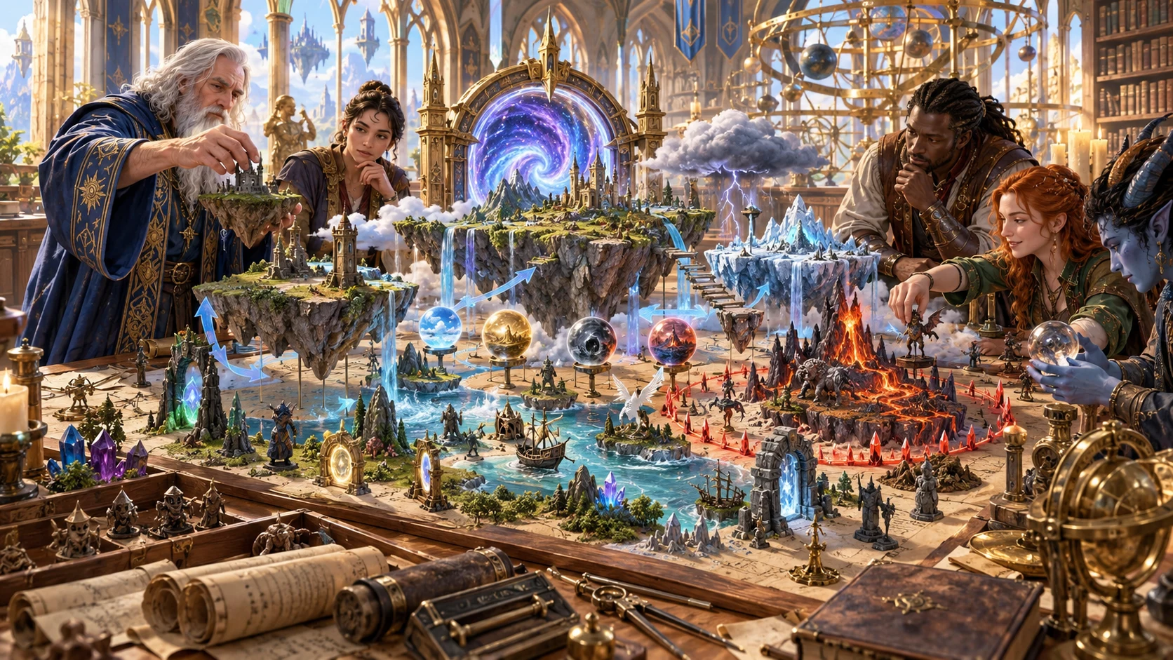 Fantasy illustration of companions arranging floating islands, portals and storm miniatures to prepare an altered-reality adventure